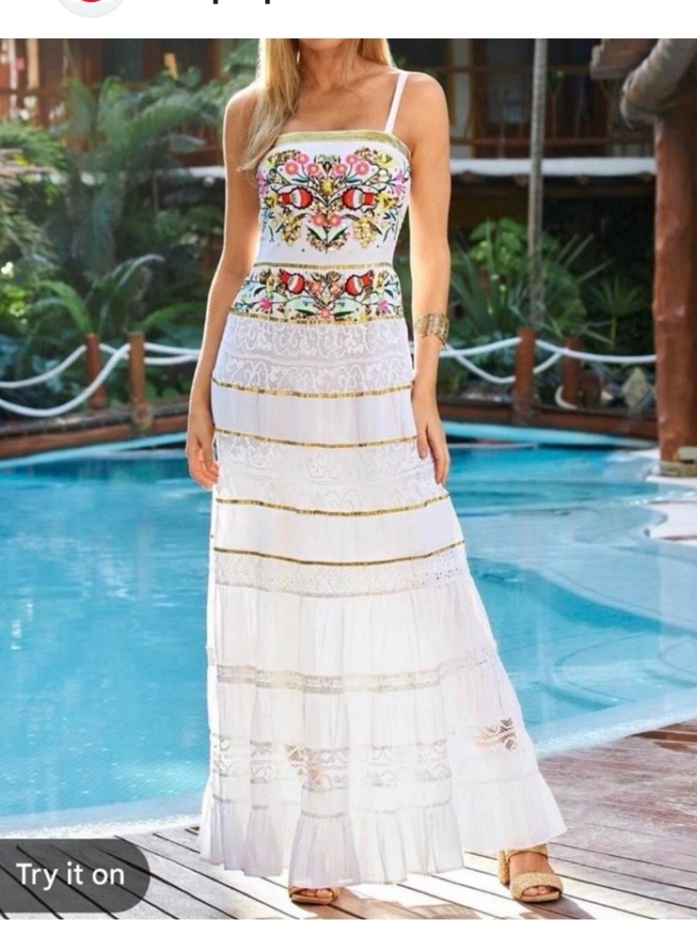 Boston Proper White Maxi Dress with Multicolor Embroidered Bodice